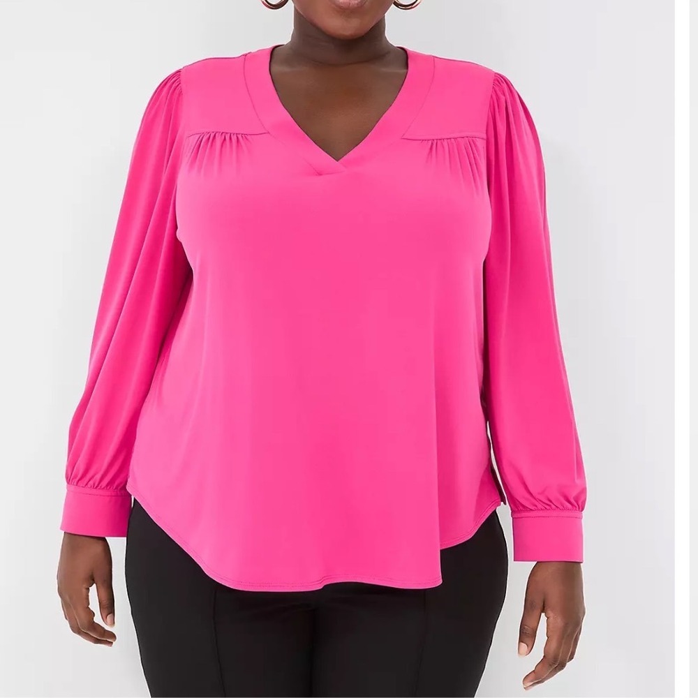 Lane Bryant Women Hot Pink Long Sleeve Blouse sz 22/24 Relax Fit Stretchy Preppy